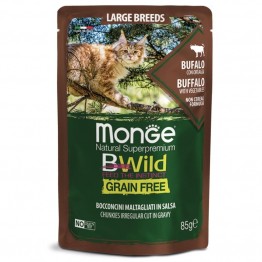 Monge Cat BWild GRAIN FREE для котят и кошек крупных пород, из мяса буйвола с овощами, паучи 85 г*28шт