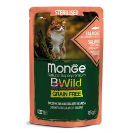 Monge Cat BWild GRAIN FREE для стерилизованных кошек, беззерновой, из лосося с креветками и овощами, паучи 85 г*28 шт