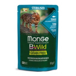 Monge Cat BWild GRAIN FREE для стерилизованных кошек, беззерновой, из тунца с креветками и овощами, паучи 85 г*28шт