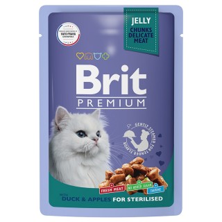 Brit Premium Пауч для взрослых стерилизованных кошек утка с яблоками в желе * 14 шт