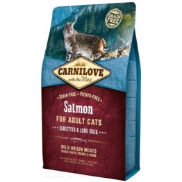 Carnilove Salmon for Adult Cats Sensitive & Long Hair (беззерновой гиппоаллергенный сухой корм для взрослых кошек с лососем)